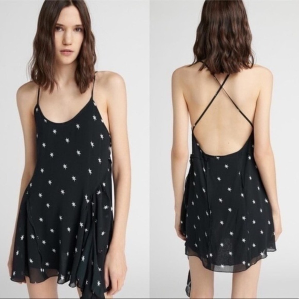 Re/Done‎ The 80s Silk Star Print Sleeveless Black Ruffled Mini Dress Size L NWT